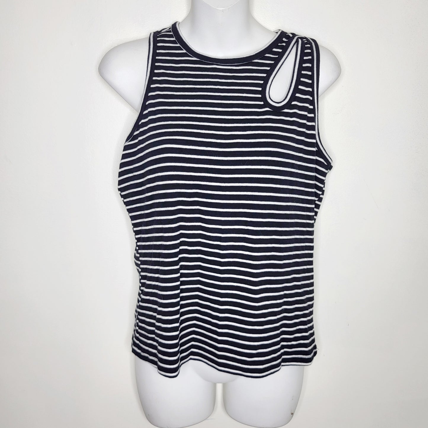 RVOS1 - Ricki's black striped ribbed tank top with cut out.  Sizes like a medium