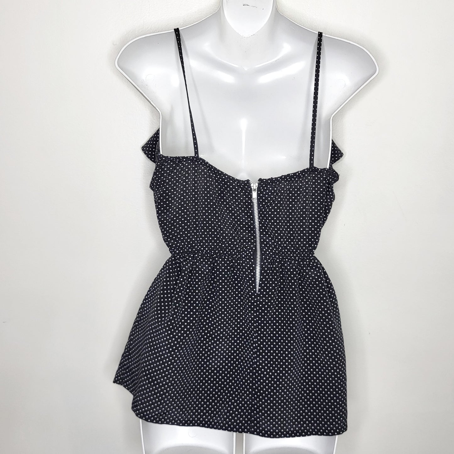 JRB1 - Made For Each Other black and white polka dot sleeveless top with ruffles.  Size small