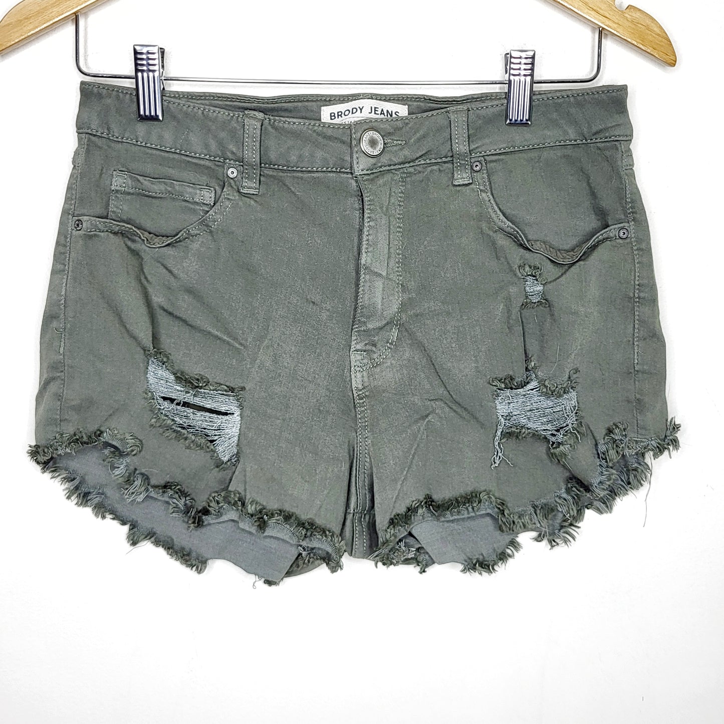 LCRW1 - Brody Jeans olive green denim high rise shortie shorts. Size 28