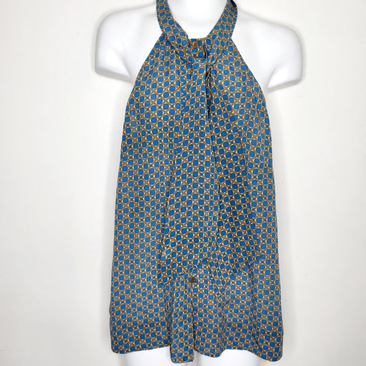 PSKL11 - Anthropologie Girls From Savoy teal patterned sleeveless silk top. Size 6