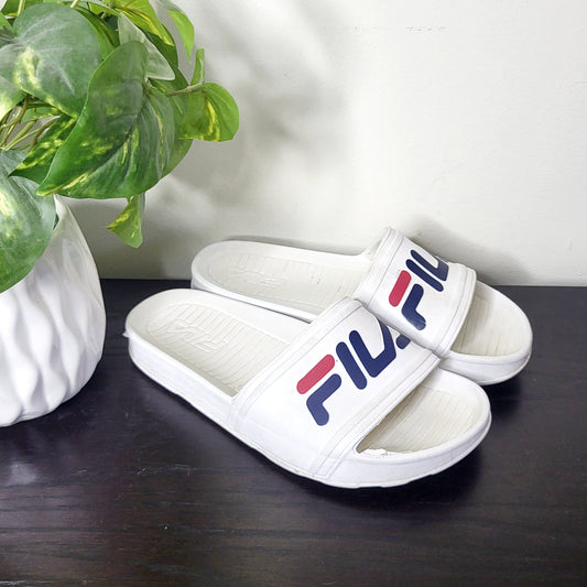 SHCA1 - Fila white Drifter slide sandals. Ladies size 7. Men's size 5.5