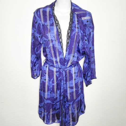 NGRR1 - Vintage Linda Bis blue patterned shear belted lingerie robe. One size fits all