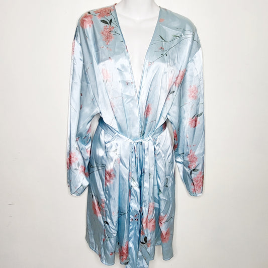 NGRR1 - Werner's vintage Y2K blue floral print satin robe. Size large