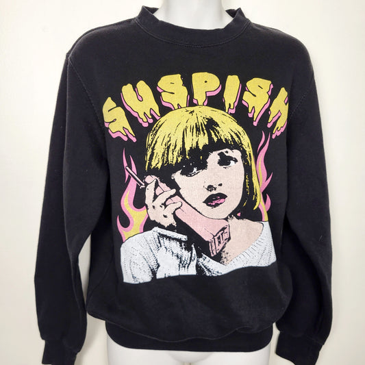 Custom black fleecy lined Scream Drew Barrymore "Suspish" crewneck. Size XS