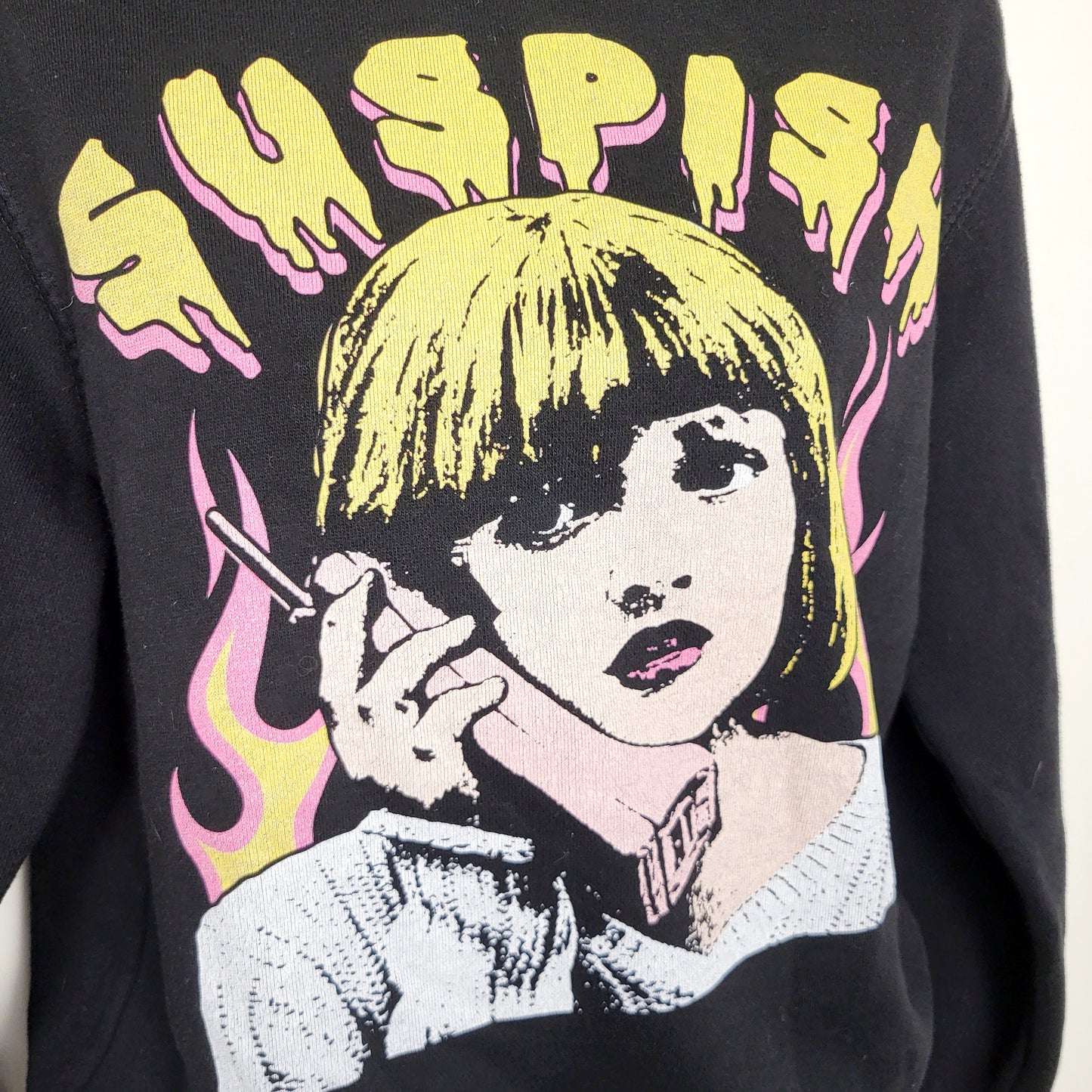 Custom black fleecy lined Scream Drew Barrymore "Suspish" crewneck. Size XS