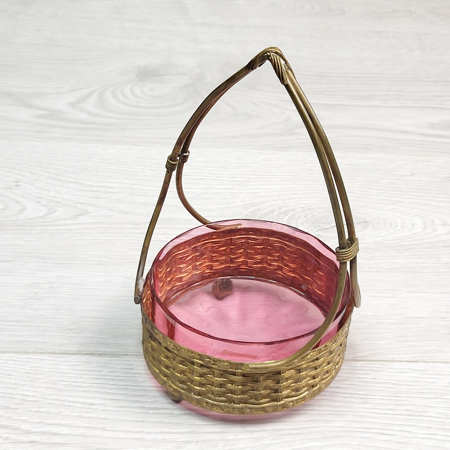 KRSP1 - Brass basket with pink glass insert - for candy or trinkets