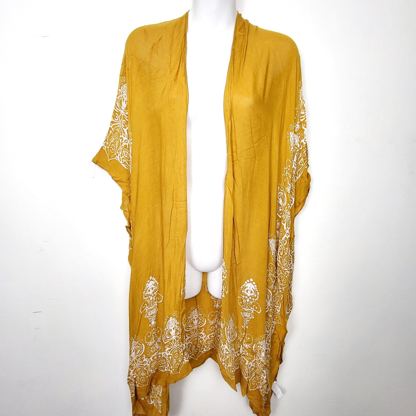 KRSP2 - Beautiful Nomad yellow printed kimono top / beach cover up. One size fits all