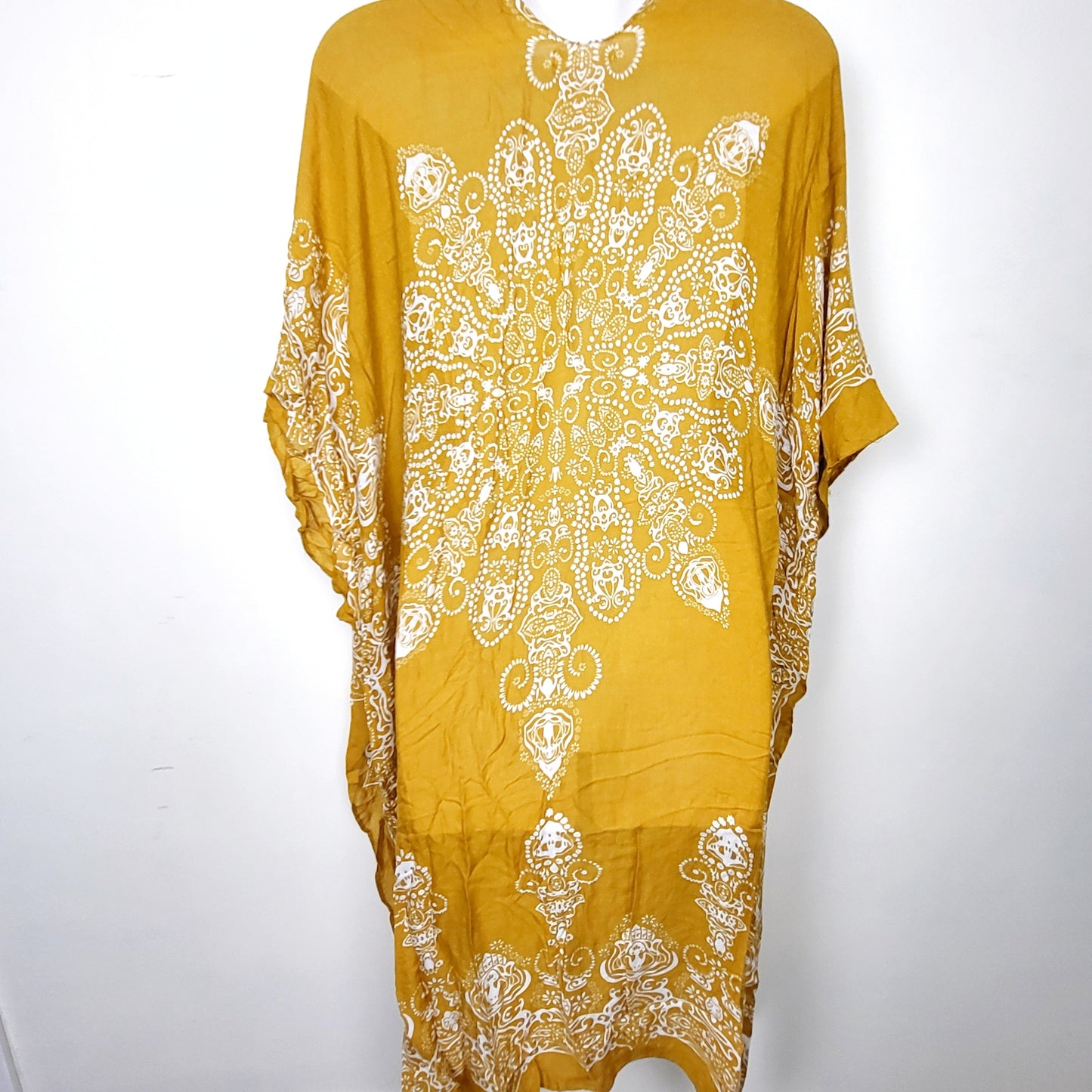 KRSP2 - Beautiful Nomad yellow printed kimono top / beach cover up. One size fits all