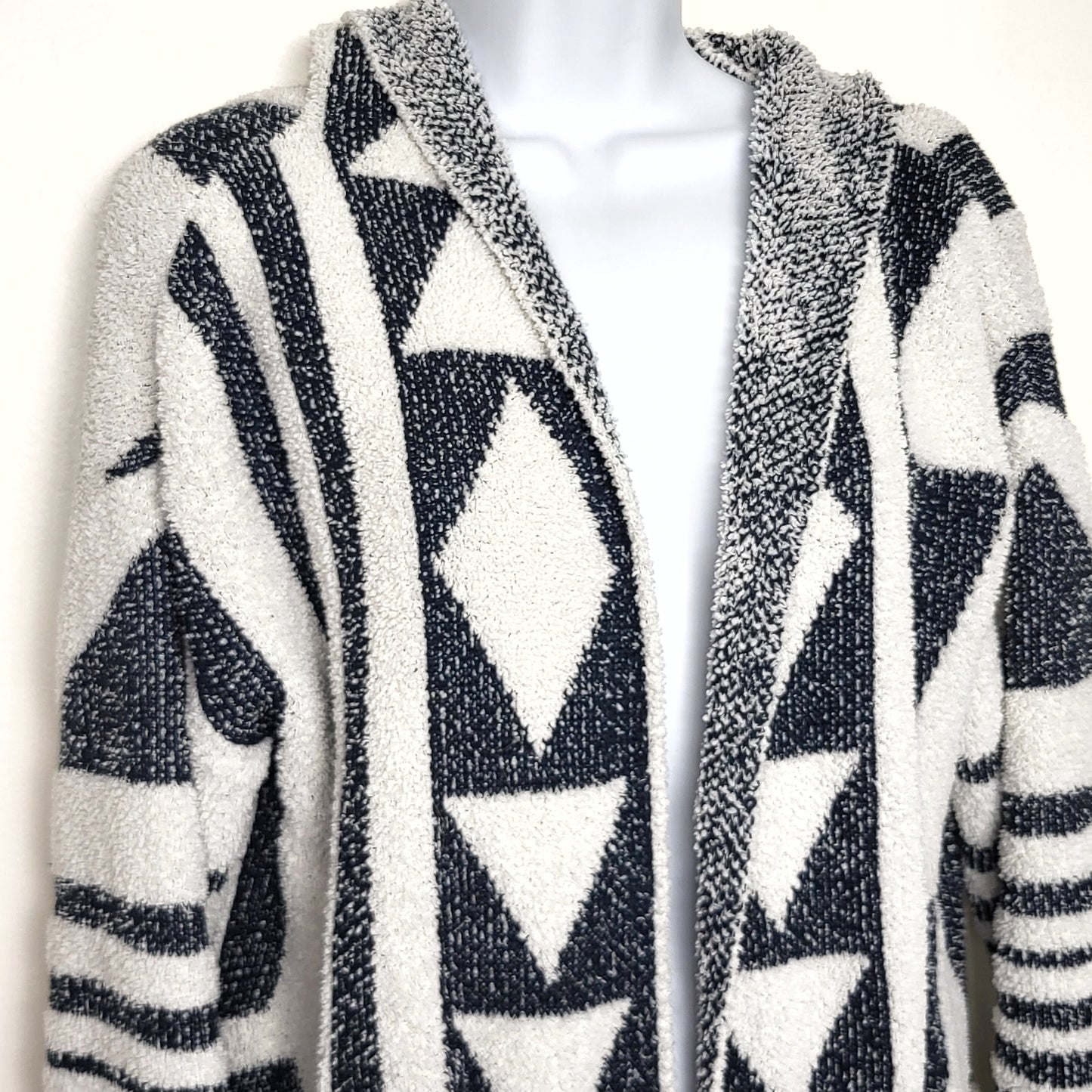 MLM1 - Davi and Dani terrycloth Aztec Print Black and White Hooded Cardigan. Size small