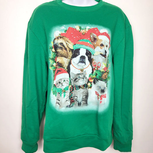 Fifth Sun green fleecy Christmas crewneck with cats, dogs and working jingle bells. Ladies size medium