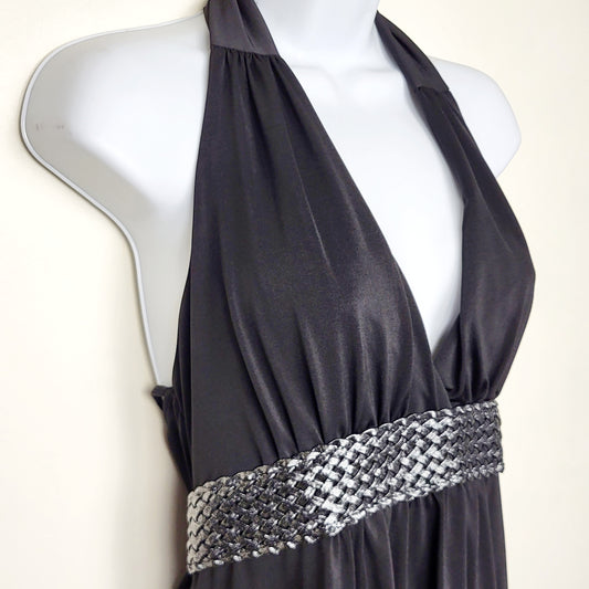 GBAR1 - Vintage Star Vixen black halter style backless dress with silver accents. Size medium