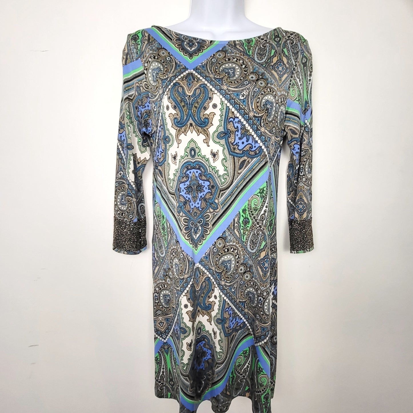 DPAR1 - Vintage Veronica M blue and green paisley pattern shift dress. Size XS