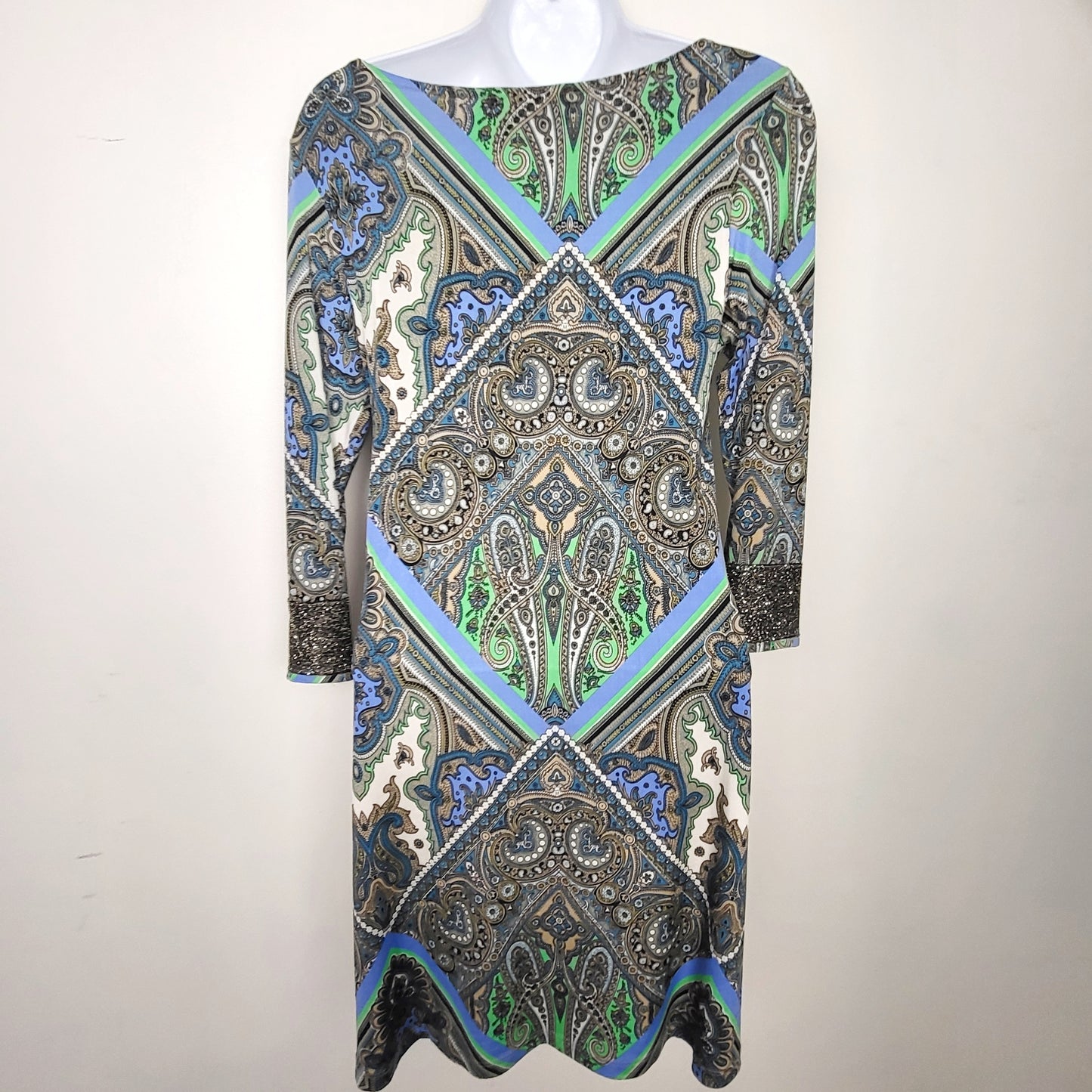 DPAR1 - Vintage Veronica M blue and green paisley pattern shift dress. Size XS