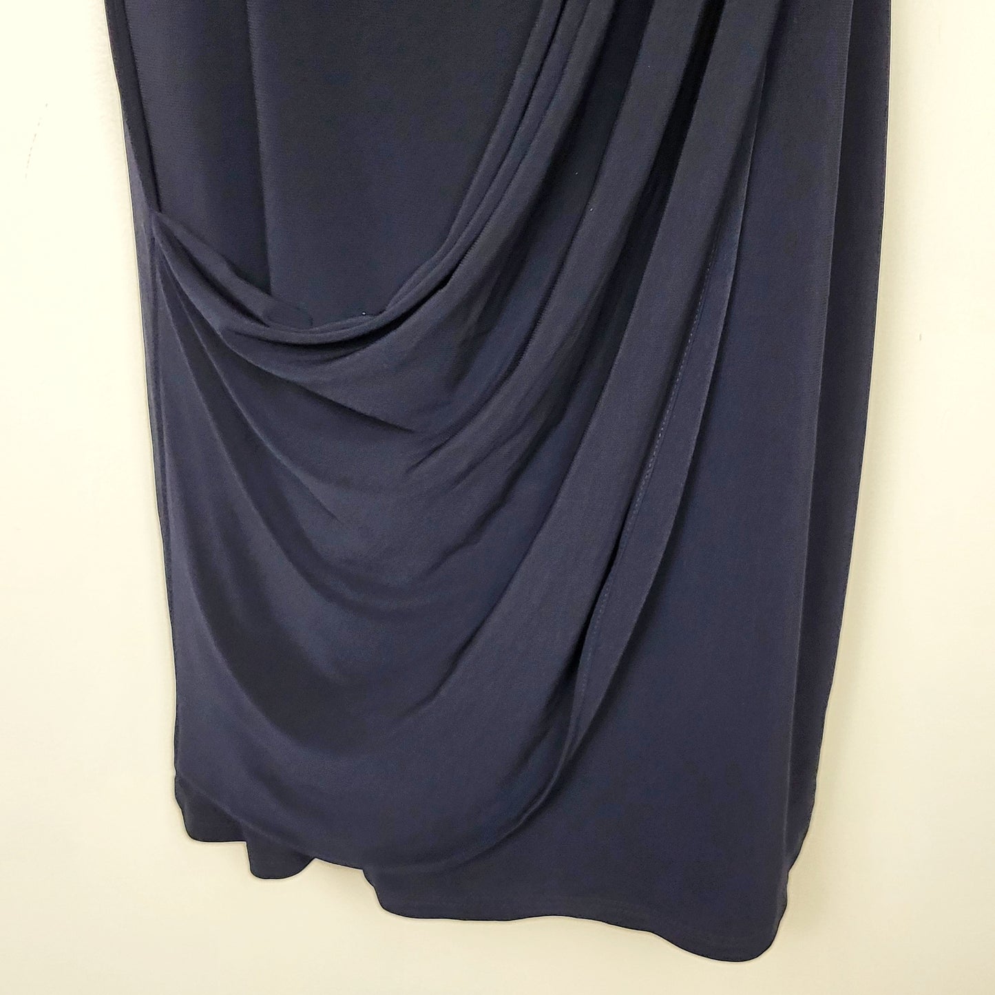 DPAR1 - NEW - Betsey and Adam navy one shoulder draped gown. Size 12 PETITE