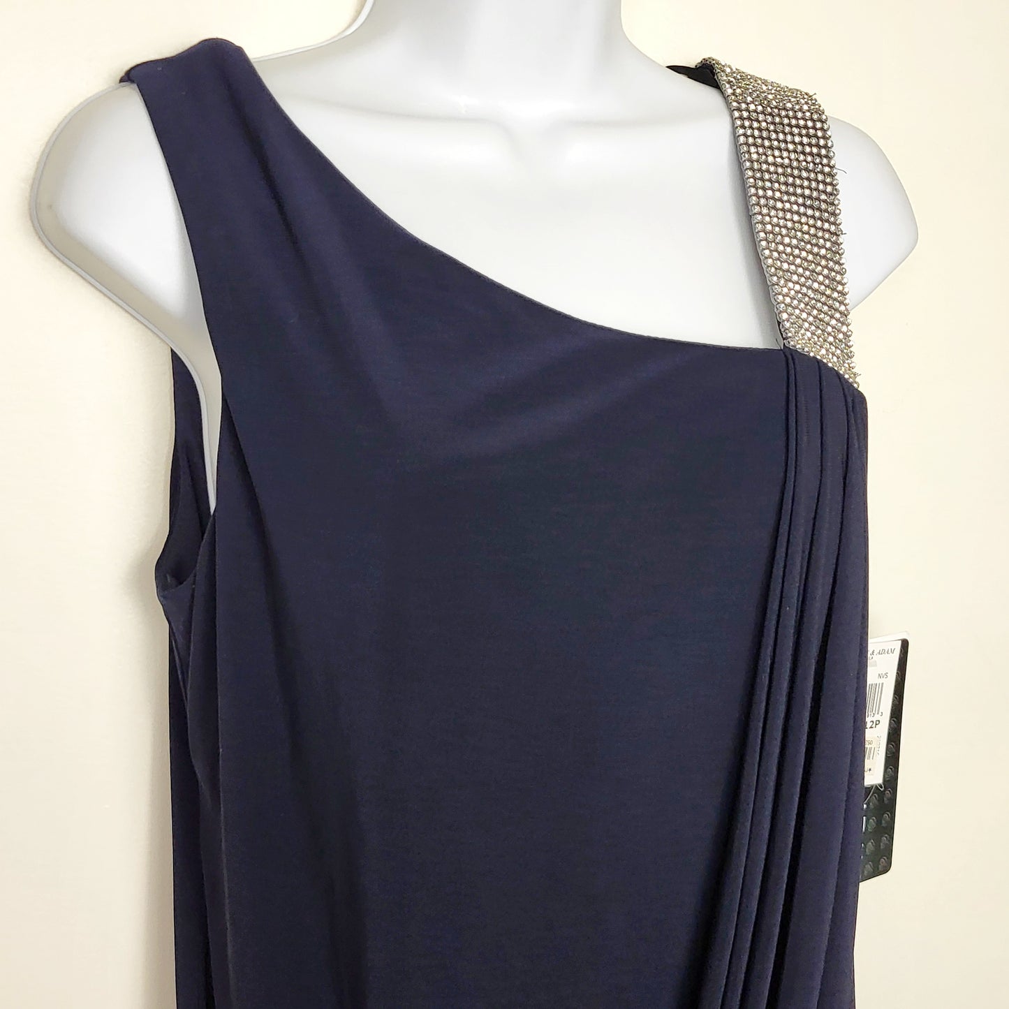 DPAR1 - NEW - Betsey and Adam navy one shoulder draped gown. Size 12 PETITE