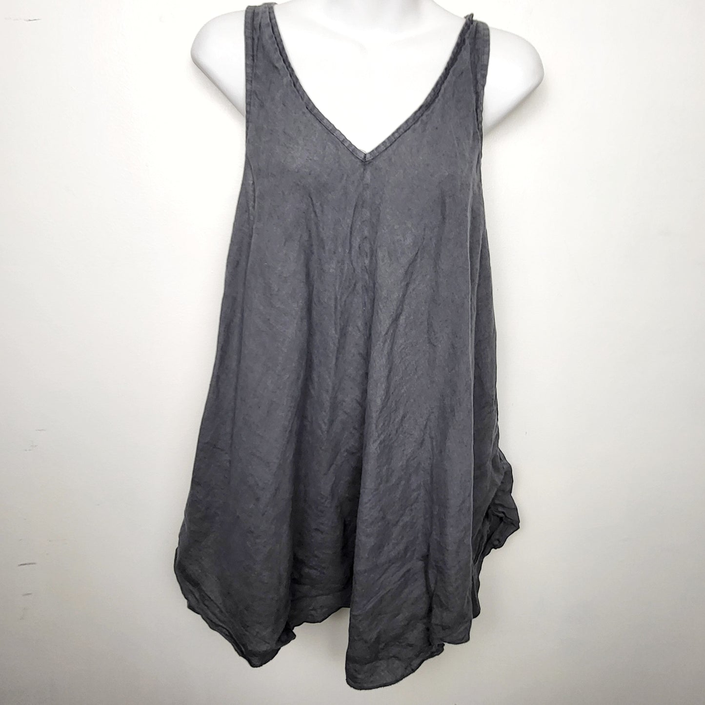 BAUB1 - Pistache grey v-neck linen mini dress. Size L/XL