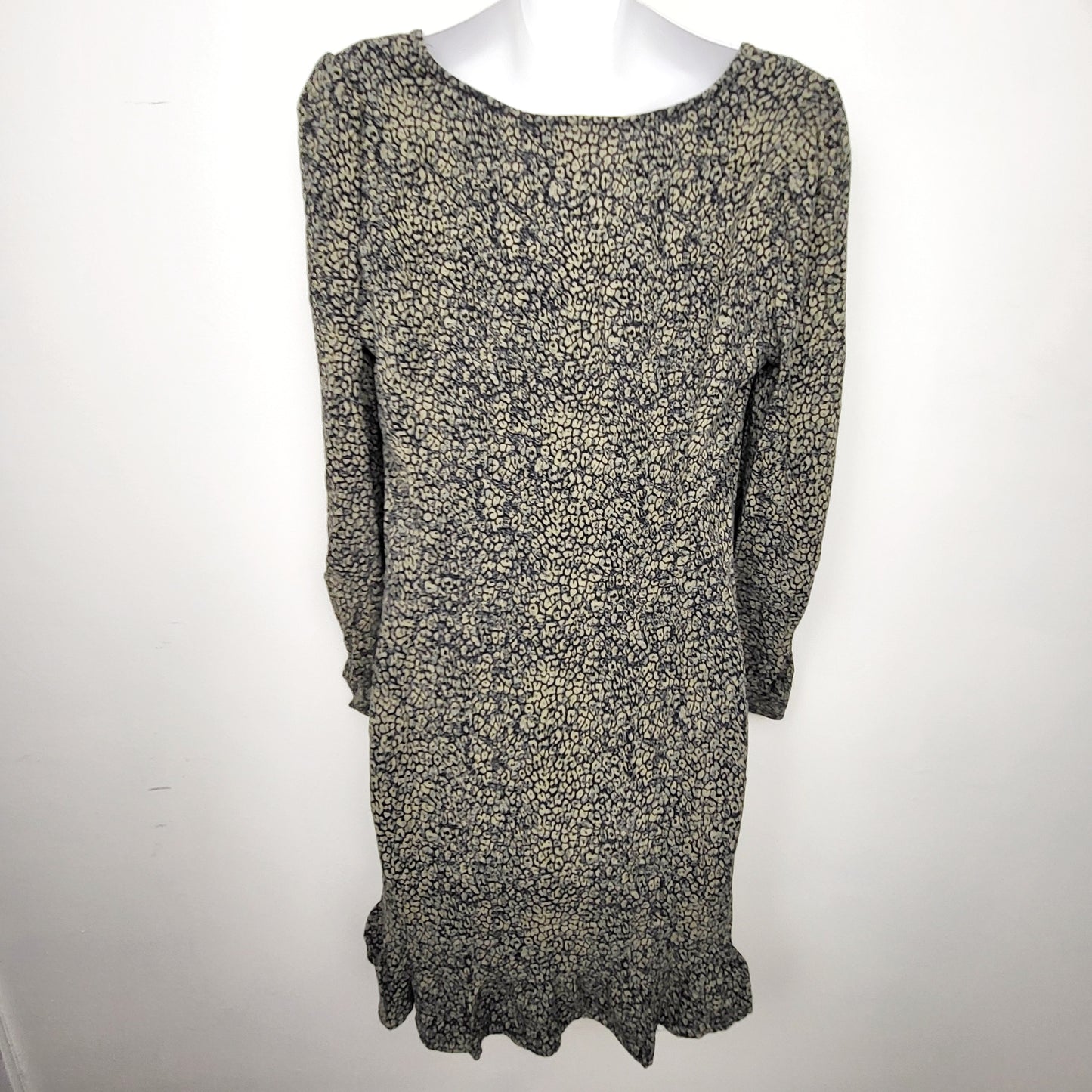 BAUB1 - Saltwater Luxe square neck black and green patterned rayon mini dress. Size large