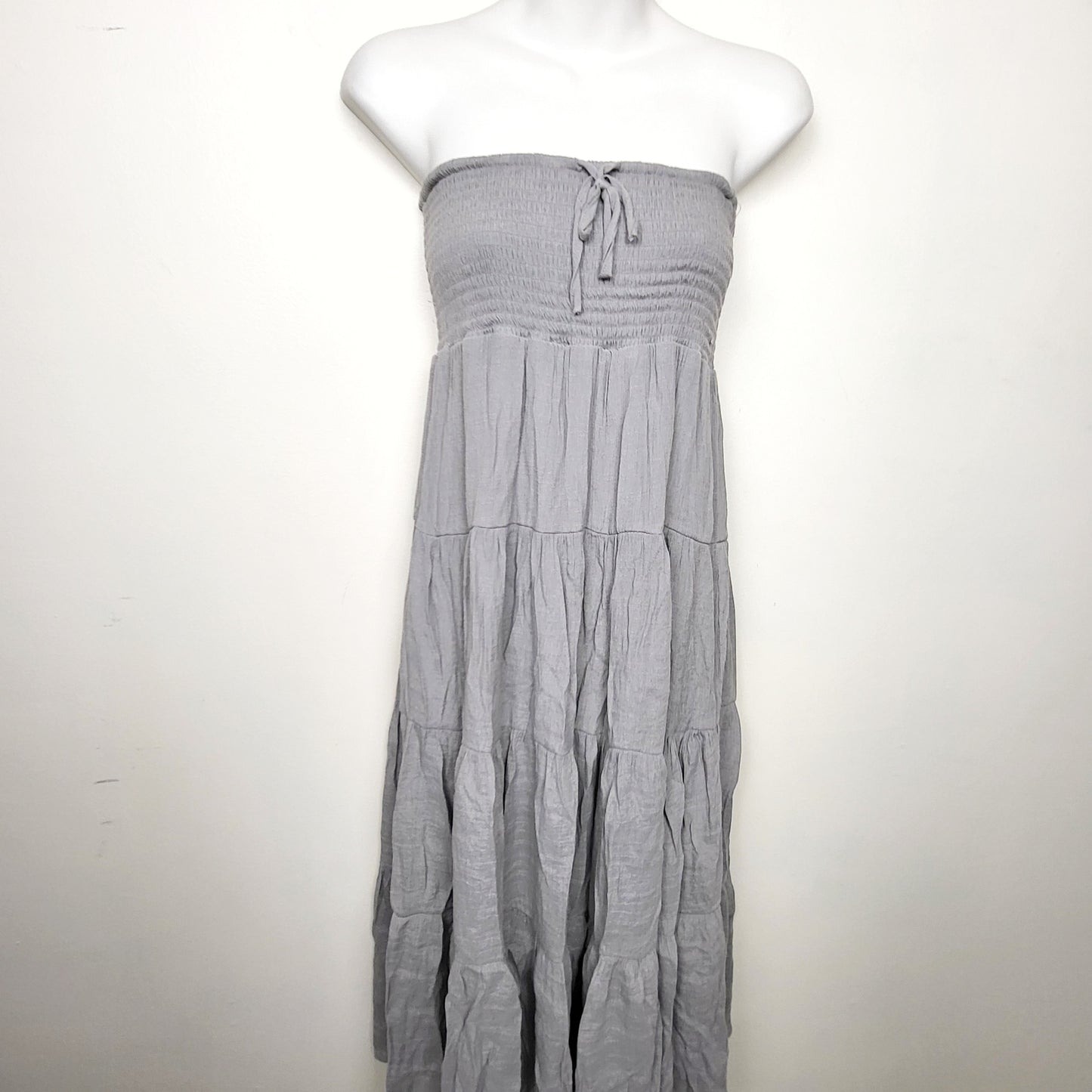 BAUB1 - Guilty brand grey smocked strapless maxi dress. Size medium