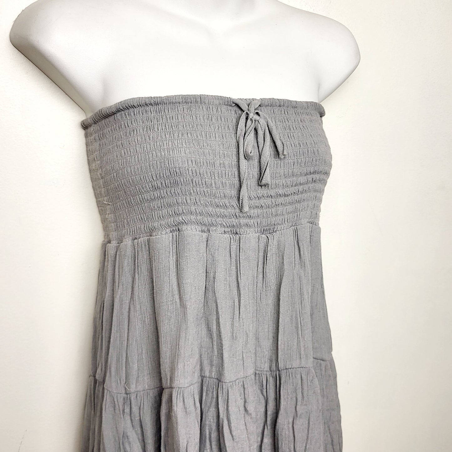 BAUB1 - Guilty brand grey smocked strapless maxi dress. Size medium