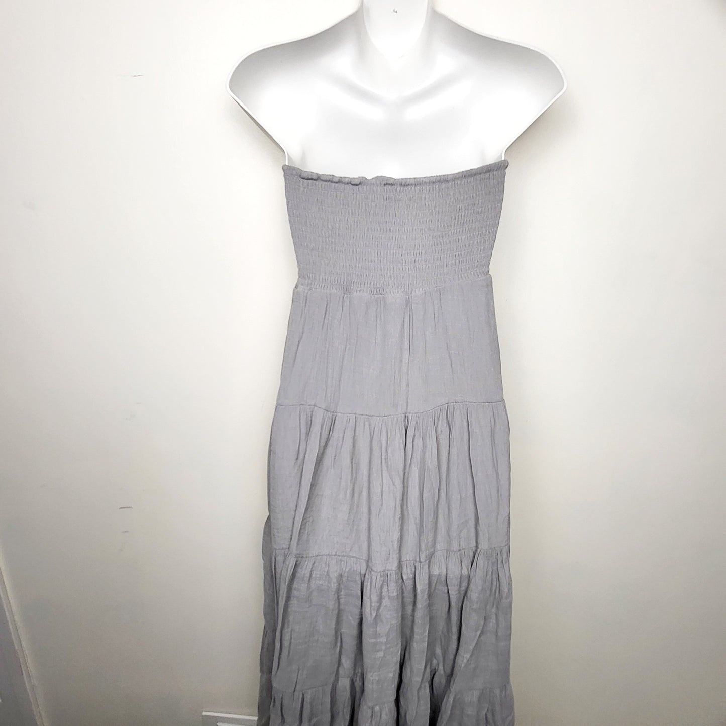 BAUB1 - Guilty brand grey smocked strapless maxi dress. Size medium