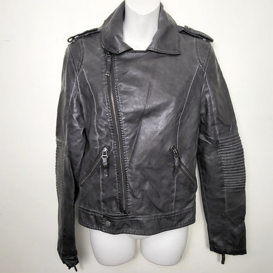 CCRT1 - Buffalo David Bitton charcoal coloured faux leather motorcycle jacket. Size small