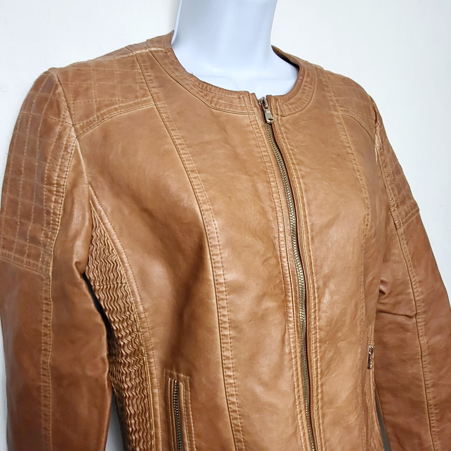 CCRT1 - Point Zero tan mixed media faux leather jaacket. Size small