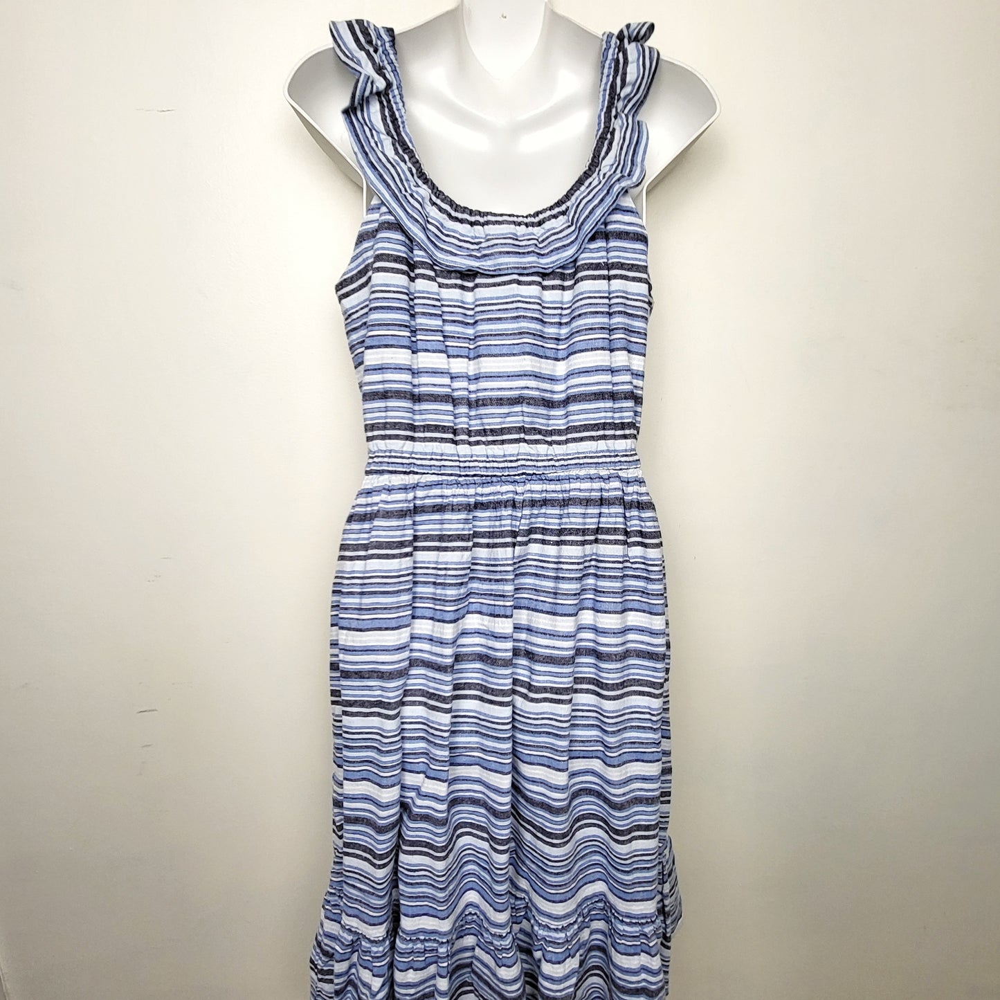 LSEV1 - Gymboree (from their Mommy and Me line) blue striped linen blend sleeveless dress. Size medium