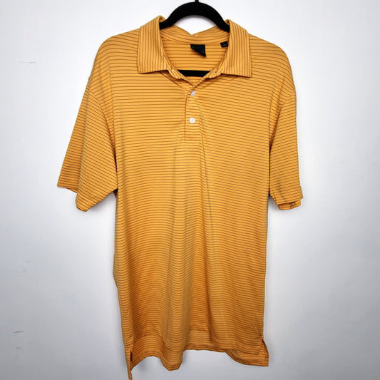 BBIN2 - Dunning orange striped golf shirt. Men's size large