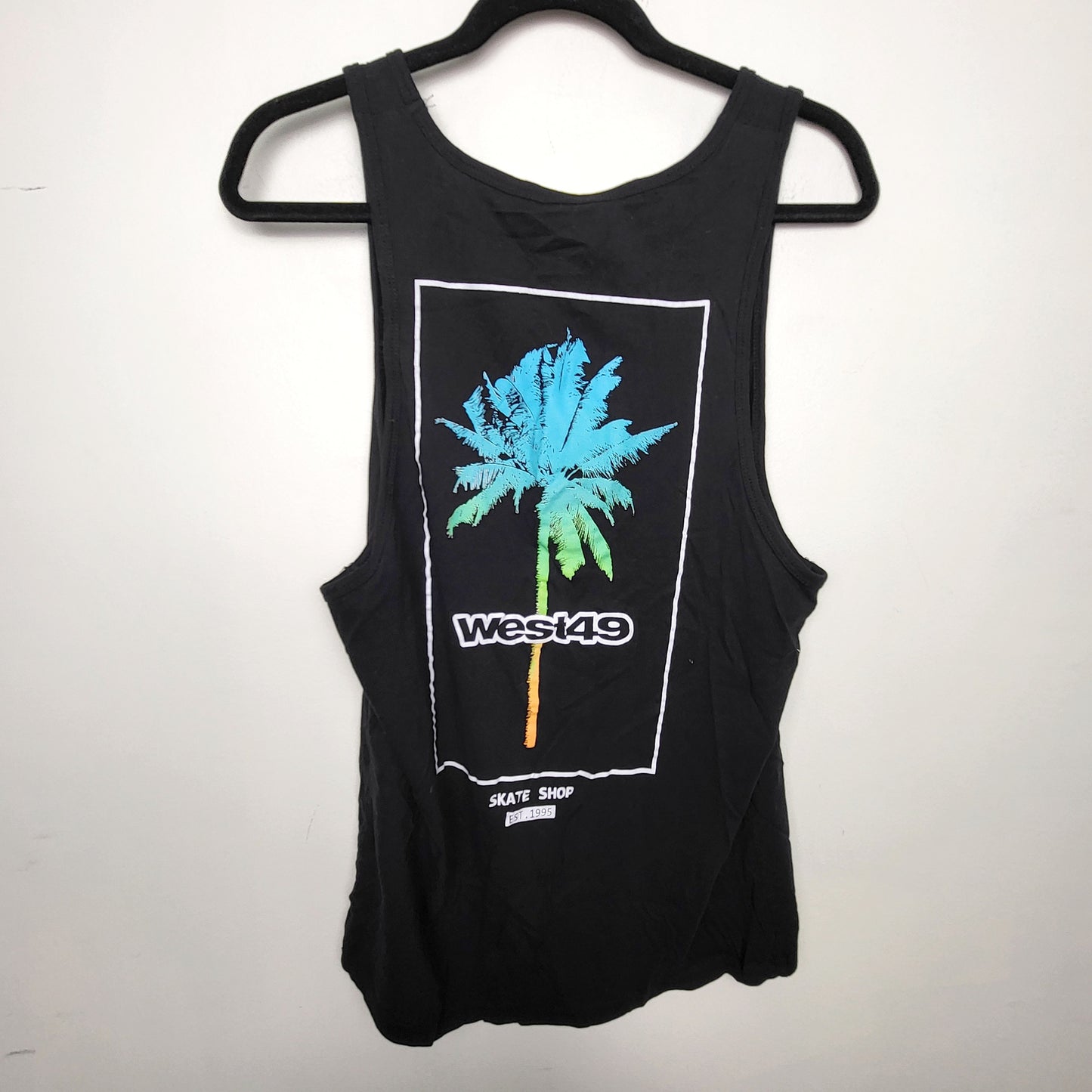 BBIN2 - West 49 black tank top with palm tree. Size large