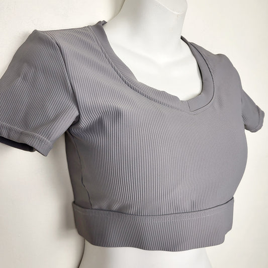 MDWY - Grey ribbed v-neck crop top with built in bra. Size medium