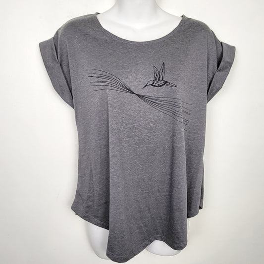 MDWY - Grey cuffed boxy fit t-shirt with hummingbird. Sizes like a medium