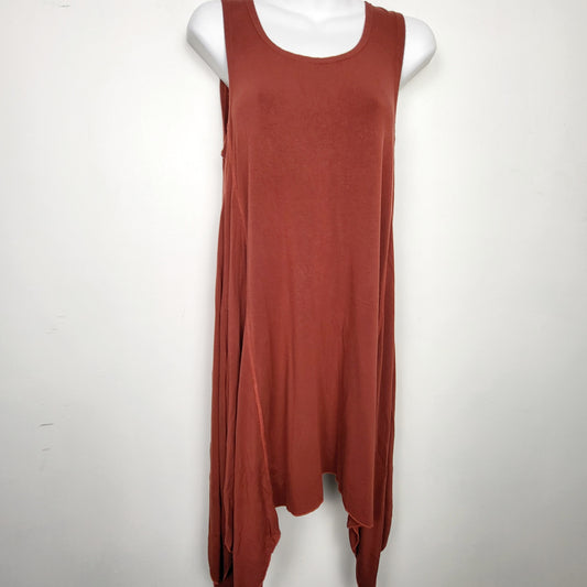 MDWY - Om Grown carnelian rayon cascade style "Tulip" sleeveless dress. Fits medium to XL