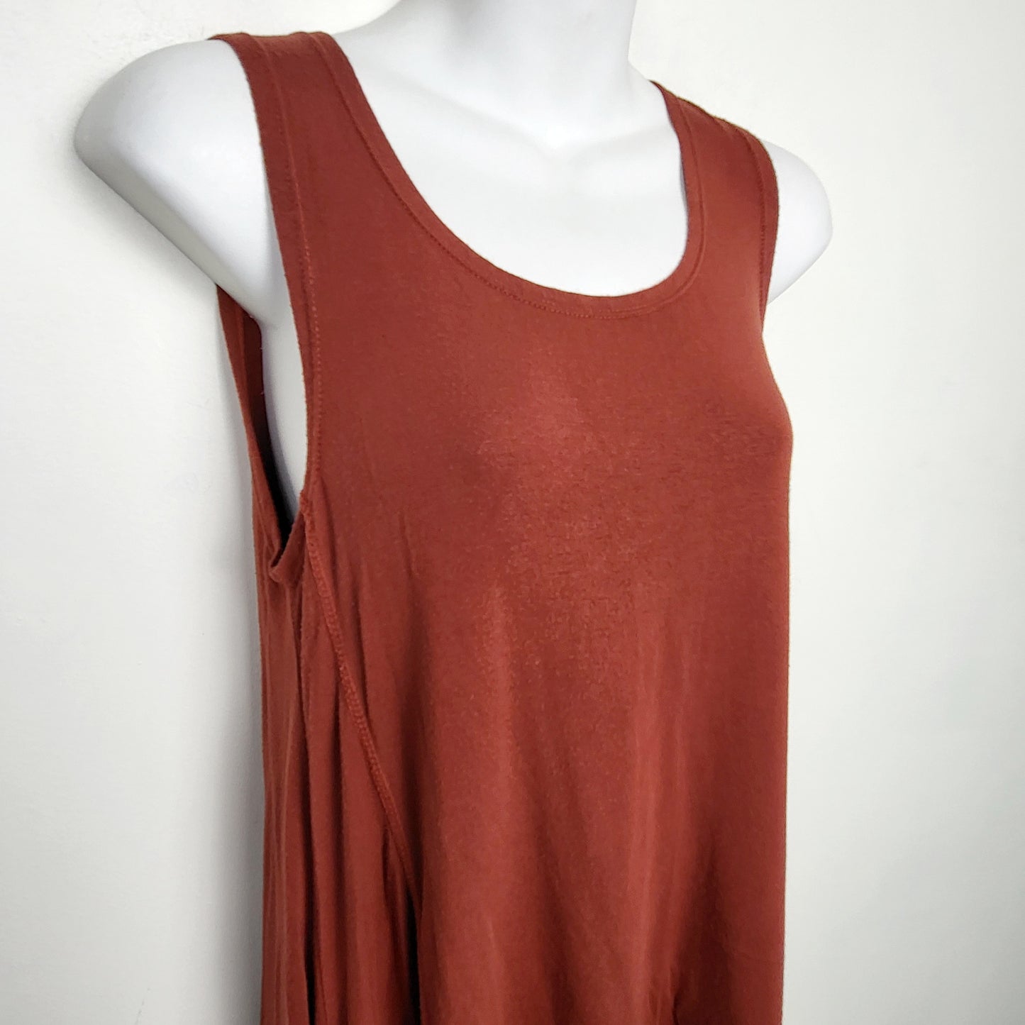 MDWY - Om Grown carnelian rayon cascade style "Tulip" sleeveless dress. Fits medium to XL