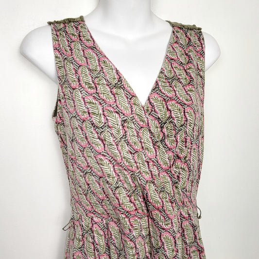 MDWY - White Stuff green and pink feather printed faux wrap sleeveless dress. Size 12