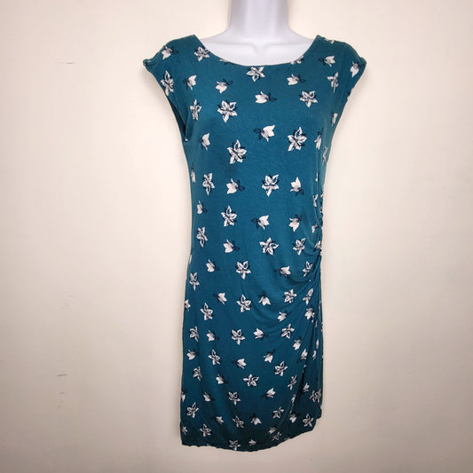 KTRC1 - Ann Taylor Loft teal floral print dress with ruching at side. Size XS