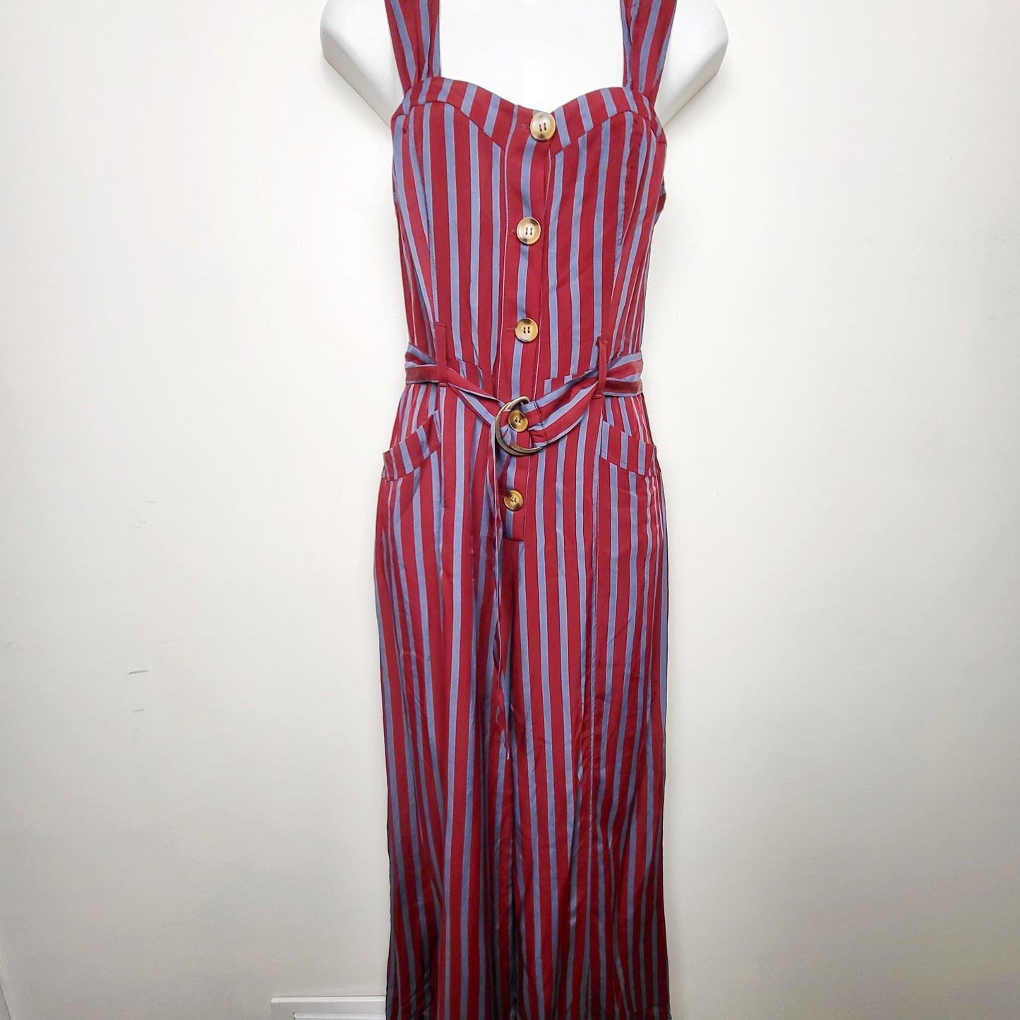 CMCRD1 - Free People City Girl Striped Jumpsuit In Burgundy and Blue. Size 2