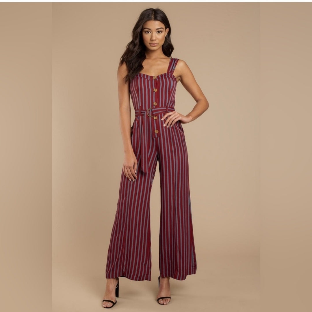 CMCRD1 - Free People City Girl Striped Jumpsuit In Burgundy and Blue. Size 2