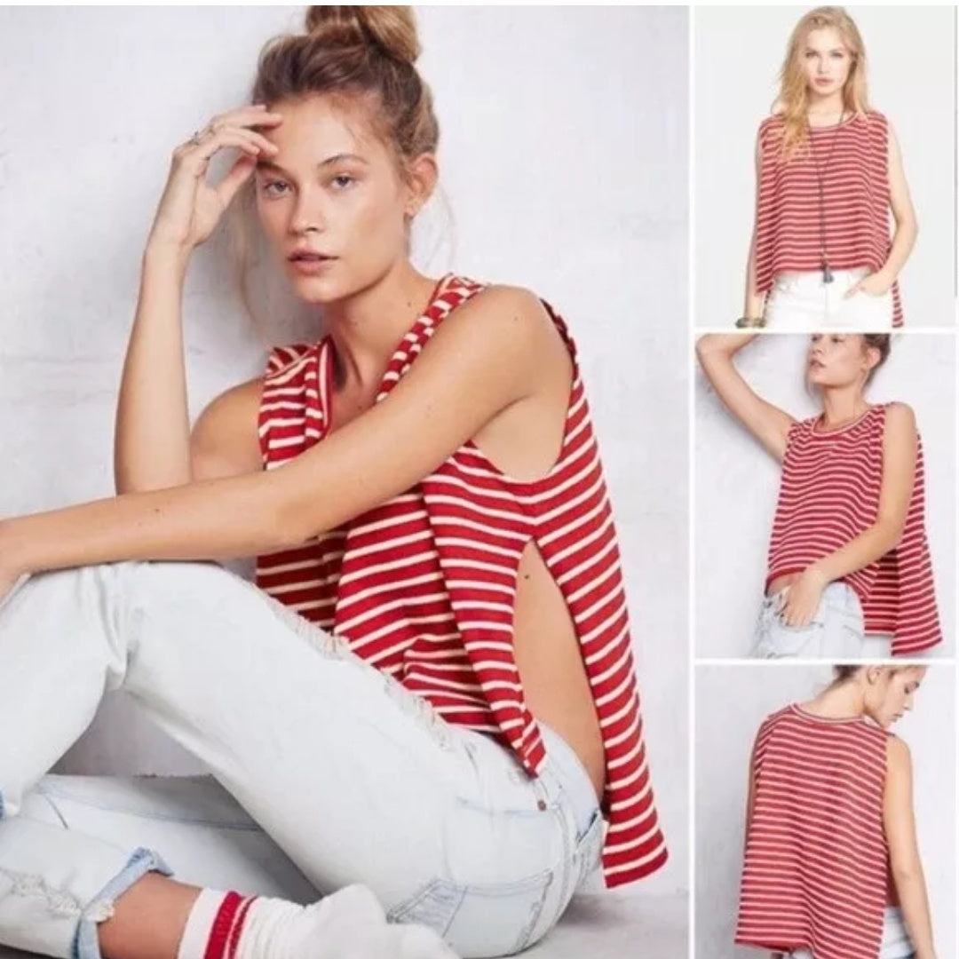 CMCRD1 - Free People- We The Free red striped Muscle Madness tee. Sizes like a medium